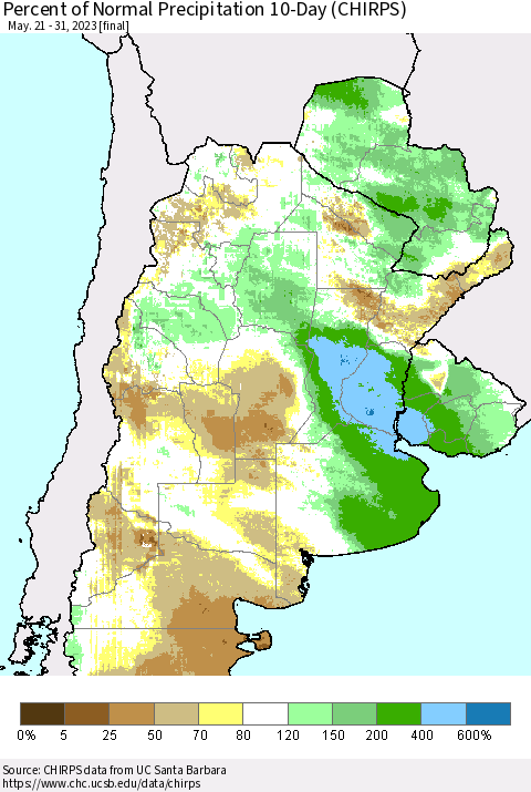 Southern South America Percent of Normal Precipitation 10-Day (CHIRPS) Thematic Map For 5/21/2023 - 5/31/2023