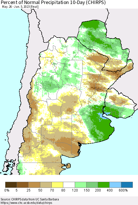Southern South America Percent of Normal Precipitation 10-Day (CHIRPS) Thematic Map For 5/26/2023 - 6/5/2023