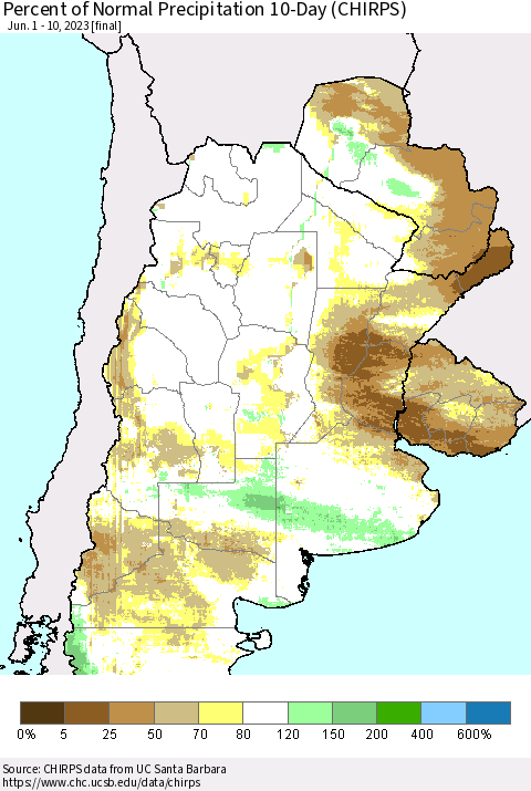 Southern South America Percent of Normal Precipitation 10-Day (CHIRPS) Thematic Map For 6/1/2023 - 6/10/2023