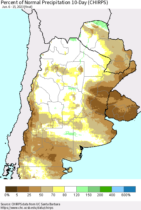 Southern South America Percent of Normal Precipitation 10-Day (CHIRPS) Thematic Map For 6/6/2023 - 6/15/2023