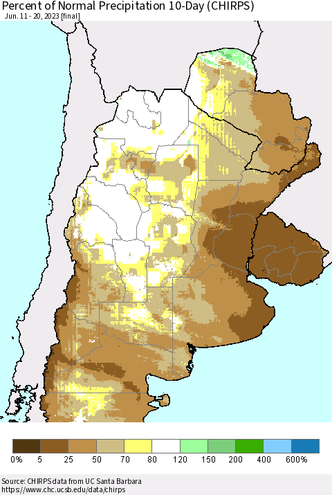 Southern South America Percent of Normal Precipitation 10-Day (CHIRPS) Thematic Map For 6/11/2023 - 6/20/2023