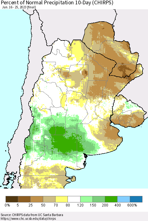 Southern South America Percent of Normal Precipitation 10-Day (CHIRPS) Thematic Map For 6/16/2023 - 6/25/2023