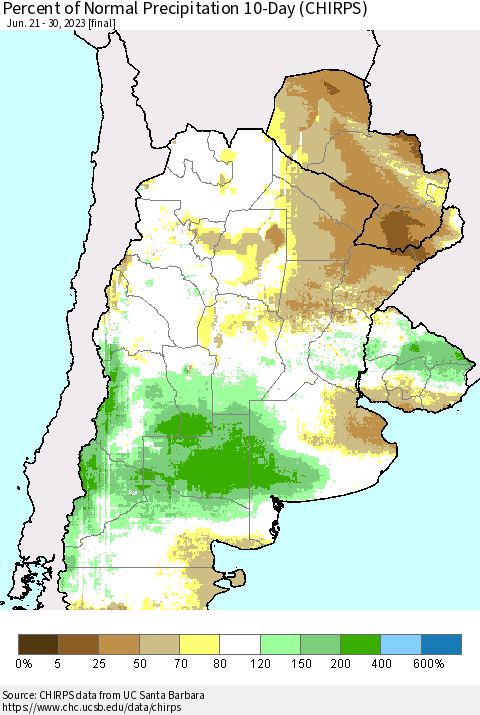 Southern South America Percent of Normal Precipitation 10-Day (CHIRPS) Thematic Map For 6/21/2023 - 6/30/2023