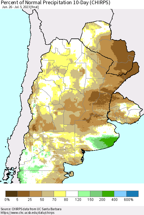 Southern South America Percent of Normal Precipitation 10-Day (CHIRPS) Thematic Map For 6/26/2023 - 7/5/2023