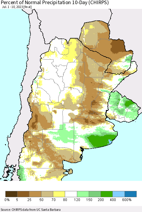 Southern South America Percent of Normal Precipitation 10-Day (CHIRPS) Thematic Map For 7/1/2023 - 7/10/2023