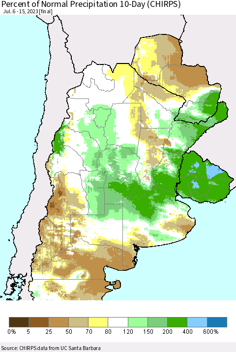 Southern South America Percent of Normal Precipitation 10-Day (CHIRPS) Thematic Map For 7/6/2023 - 7/15/2023