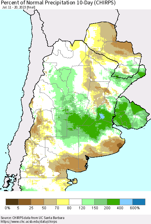 Southern South America Percent of Normal Precipitation 10-Day (CHIRPS) Thematic Map For 7/11/2023 - 7/20/2023