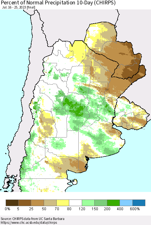 Southern South America Percent of Normal Precipitation 10-Day (CHIRPS) Thematic Map For 7/16/2023 - 7/25/2023