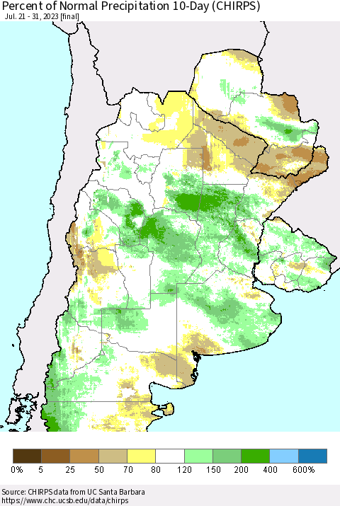 Southern South America Percent of Normal Precipitation 10-Day (CHIRPS) Thematic Map For 7/21/2023 - 7/31/2023