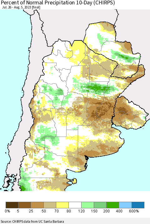 Southern South America Percent of Normal Precipitation 10-Day (CHIRPS) Thematic Map For 7/26/2023 - 8/5/2023