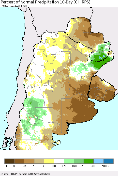 Southern South America Percent of Normal Precipitation 10-Day (CHIRPS) Thematic Map For 8/1/2023 - 8/10/2023
