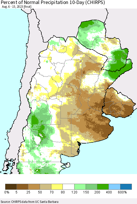Southern South America Percent of Normal Precipitation 10-Day (CHIRPS) Thematic Map For 8/6/2023 - 8/15/2023