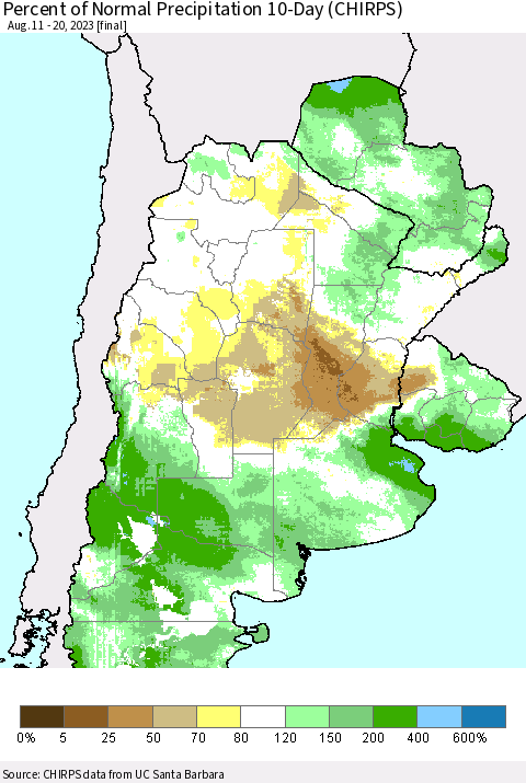Southern South America Percent of Normal Precipitation 10-Day (CHIRPS) Thematic Map For 8/11/2023 - 8/20/2023