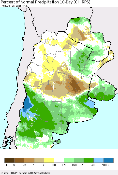 Southern South America Percent of Normal Precipitation 10-Day (CHIRPS) Thematic Map For 8/16/2023 - 8/25/2023