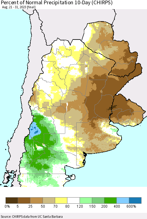 Southern South America Percent of Normal Precipitation 10-Day (CHIRPS) Thematic Map For 8/21/2023 - 8/31/2023