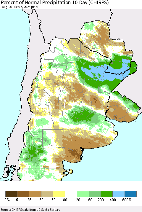 Southern South America Percent of Normal Precipitation 10-Day (CHIRPS) Thematic Map For 8/26/2023 - 9/5/2023