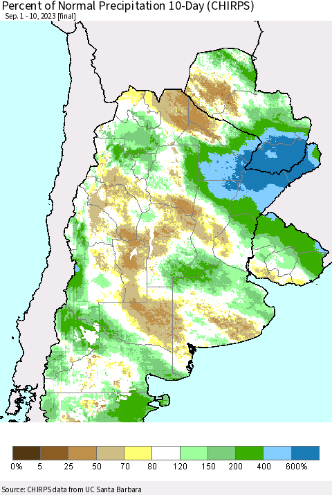Southern South America Percent of Normal Precipitation 10-Day (CHIRPS) Thematic Map For 9/1/2023 - 9/10/2023