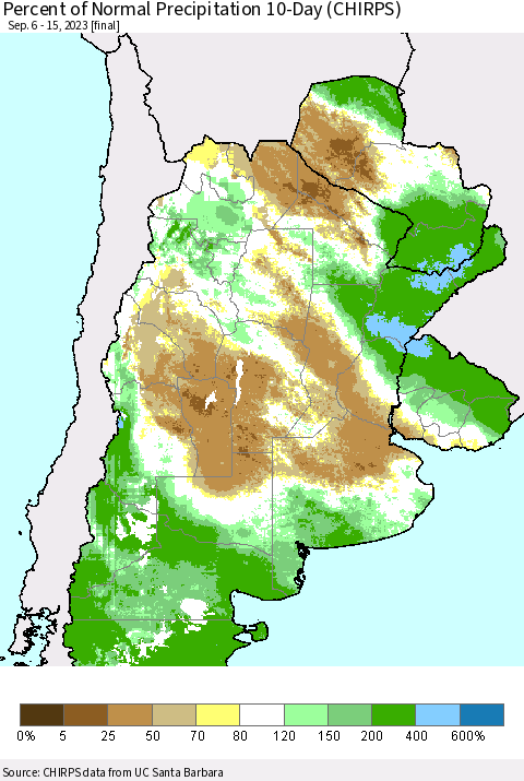 Southern South America Percent of Normal Precipitation 10-Day (CHIRPS) Thematic Map For 9/6/2023 - 9/15/2023