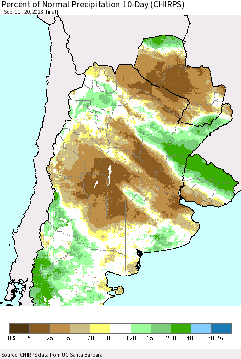 Southern South America Percent of Normal Precipitation 10-Day (CHIRPS) Thematic Map For 9/11/2023 - 9/20/2023