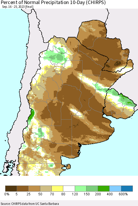 Southern South America Percent of Normal Precipitation 10-Day (CHIRPS) Thematic Map For 9/16/2023 - 9/25/2023