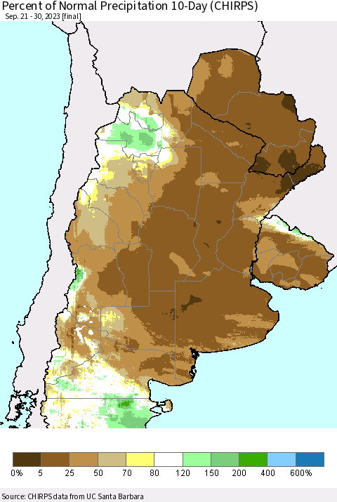 Southern South America Percent of Normal Precipitation 10-Day (CHIRPS) Thematic Map For 9/21/2023 - 9/30/2023
