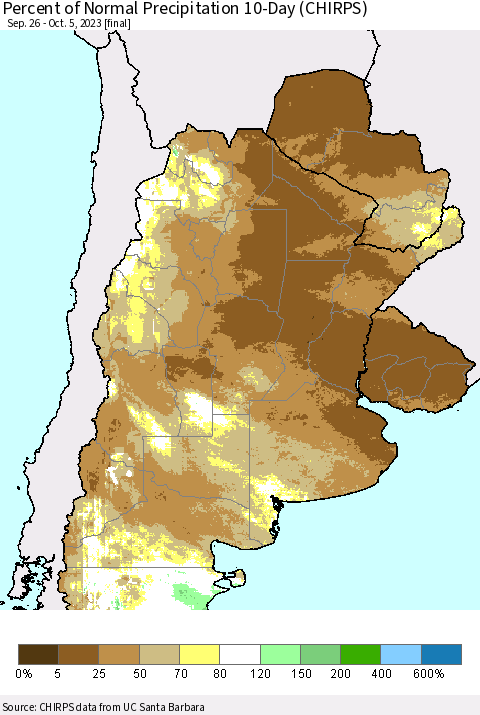 Southern South America Percent of Normal Precipitation 10-Day (CHIRPS) Thematic Map For 9/26/2023 - 10/5/2023