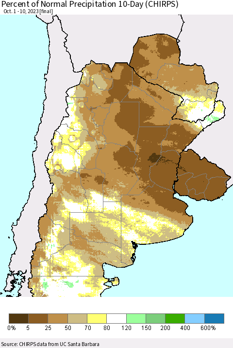 Southern South America Percent of Normal Precipitation 10-Day (CHIRPS) Thematic Map For 10/1/2023 - 10/10/2023