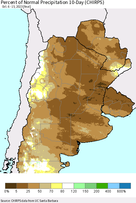 Southern South America Percent of Normal Precipitation 10-Day (CHIRPS) Thematic Map For 10/6/2023 - 10/15/2023