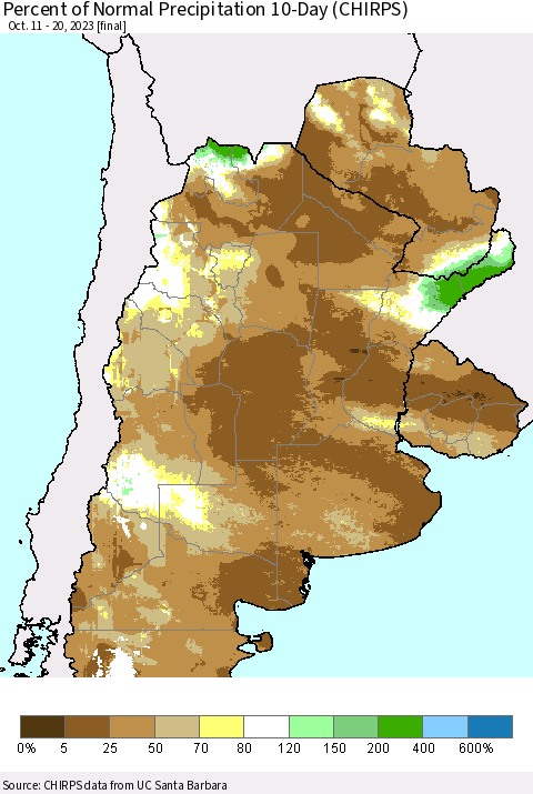 Southern South America Percent of Normal Precipitation 10-Day (CHIRPS) Thematic Map For 10/11/2023 - 10/20/2023