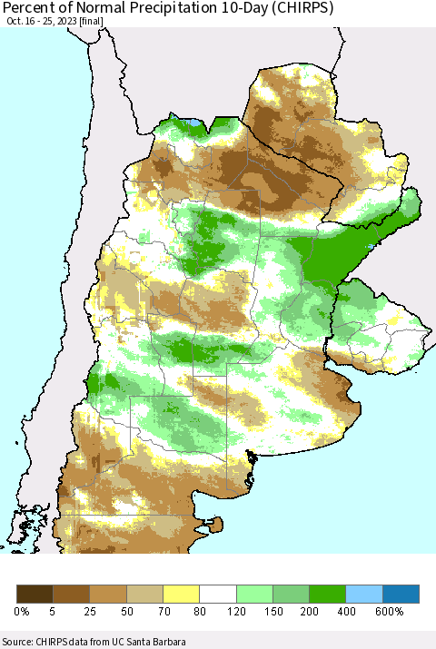 Southern South America Percent of Normal Precipitation 10-Day (CHIRPS) Thematic Map For 10/16/2023 - 10/25/2023