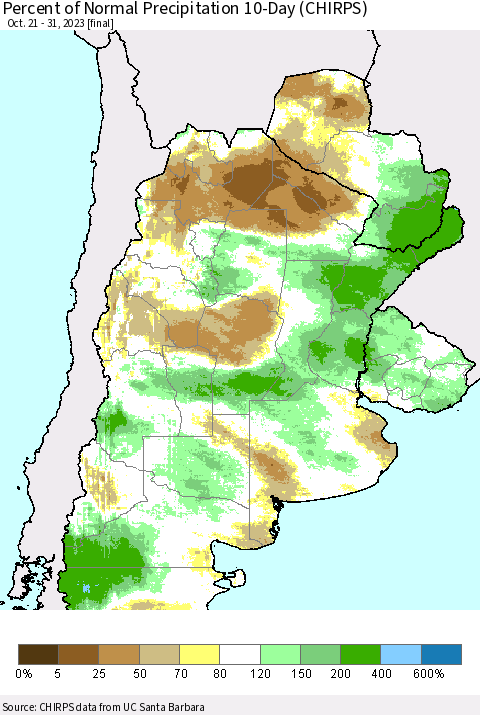 Southern South America Percent of Normal Precipitation 10-Day (CHIRPS) Thematic Map For 10/21/2023 - 10/31/2023