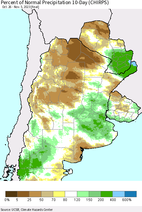 Southern South America Percent of Normal Precipitation 10-Day (CHIRPS) Thematic Map For 10/26/2023 - 11/5/2023