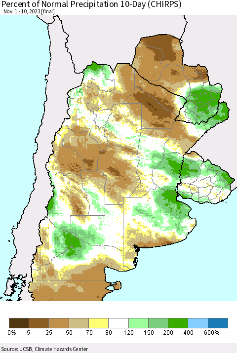 Southern South America Percent of Normal Precipitation 10-Day (CHIRPS) Thematic Map For 11/1/2023 - 11/10/2023