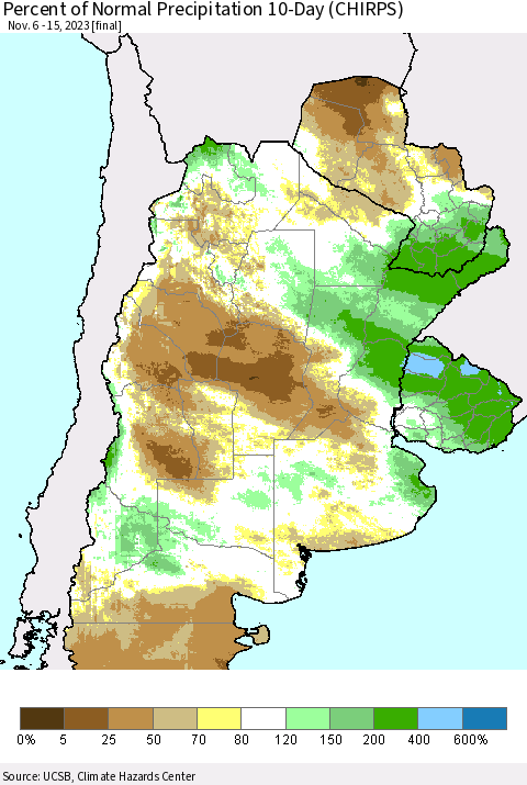 Southern South America Percent of Normal Precipitation 10-Day (CHIRPS) Thematic Map For 11/6/2023 - 11/15/2023