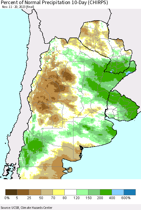 Southern South America Percent of Normal Precipitation 10-Day (CHIRPS) Thematic Map For 11/11/2023 - 11/20/2023