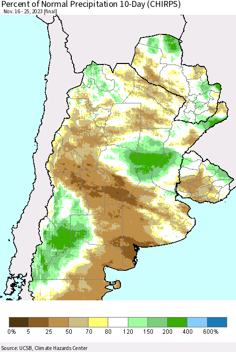 Southern South America Percent of Normal Precipitation 10-Day (CHIRPS) Thematic Map For 11/16/2023 - 11/25/2023