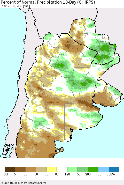 Southern South America Percent of Normal Precipitation 10-Day (CHIRPS) Thematic Map For 11/21/2023 - 11/30/2023