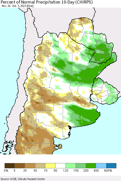 Southern South America Percent of Normal Precipitation 10-Day (CHIRPS) Thematic Map For 11/26/2023 - 12/5/2023