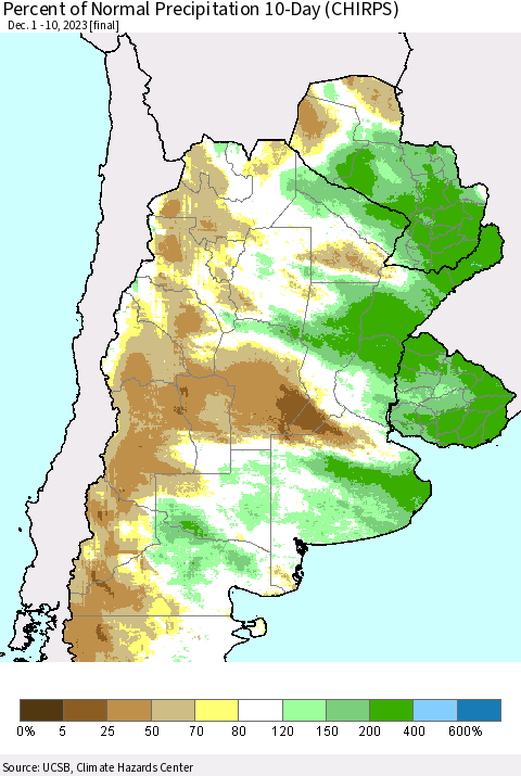 Southern South America Percent of Normal Precipitation 10-Day (CHIRPS) Thematic Map For 12/1/2023 - 12/10/2023