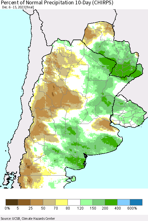 Southern South America Percent of Normal Precipitation 10-Day (CHIRPS) Thematic Map For 12/6/2023 - 12/15/2023