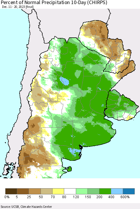 Southern South America Percent of Normal Precipitation 10-Day (CHIRPS) Thematic Map For 12/11/2023 - 12/20/2023