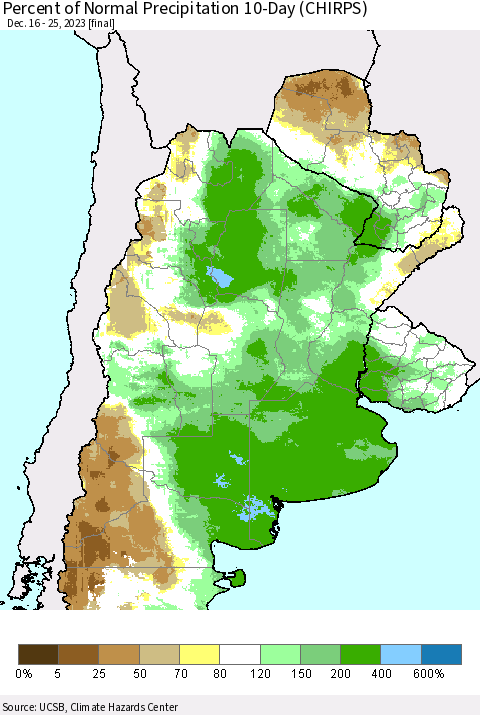Southern South America Percent of Normal Precipitation 10-Day (CHIRPS) Thematic Map For 12/16/2023 - 12/25/2023