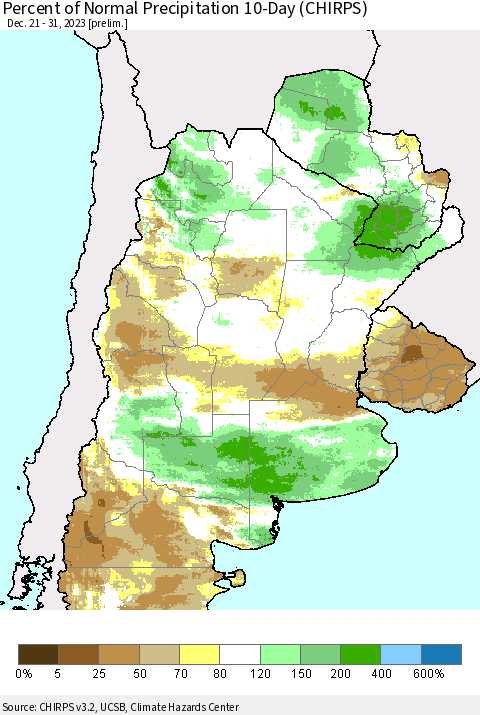 Southern South America Percent of Normal Precipitation 10-Day (CHIRPS) Thematic Map For 12/21/2023 - 12/31/2023