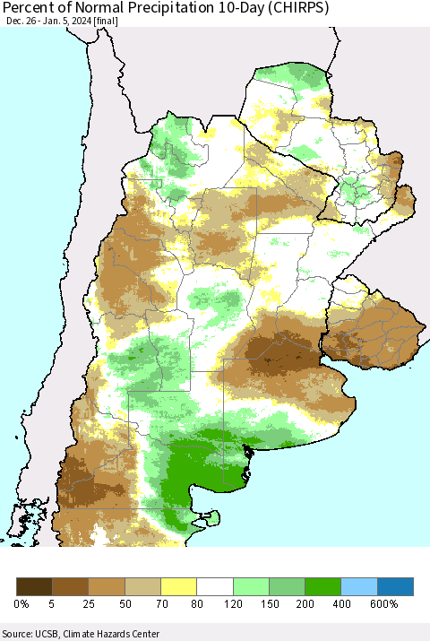 Southern South America Percent of Normal Precipitation 10-Day (CHIRPS) Thematic Map For 12/26/2023 - 1/5/2024