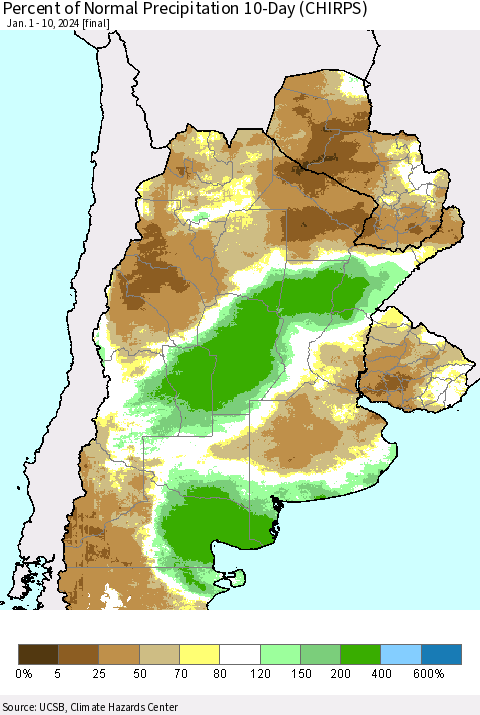 Southern South America Percent of Normal Precipitation 10-Day (CHIRPS) Thematic Map For 1/1/2024 - 1/10/2024