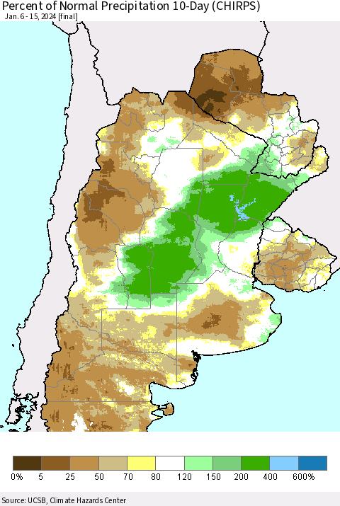 Southern South America Percent of Normal Precipitation 10-Day (CHIRPS) Thematic Map For 1/6/2024 - 1/15/2024