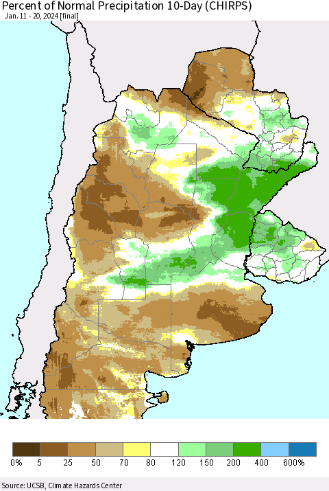 Southern South America Percent of Normal Precipitation 10-Day (CHIRPS) Thematic Map For 1/11/2024 - 1/20/2024