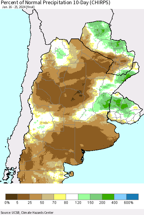 Southern South America Percent of Normal Precipitation 10-Day (CHIRPS) Thematic Map For 1/16/2024 - 1/25/2024