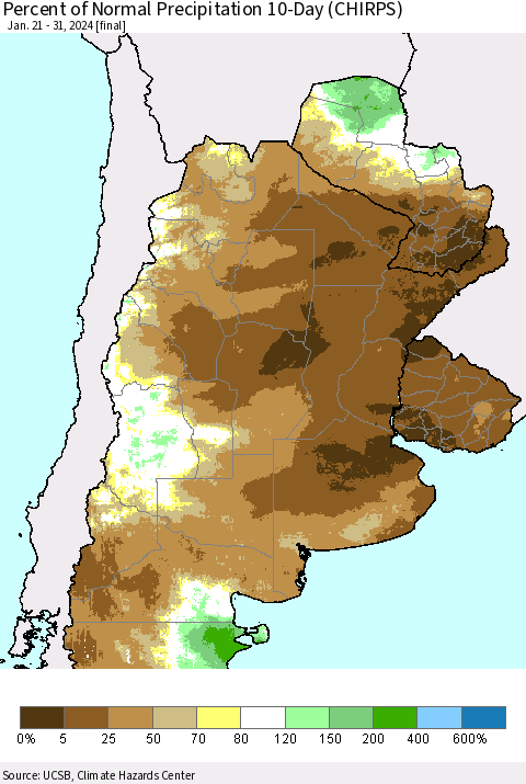 Southern South America Percent of Normal Precipitation 10-Day (CHIRPS) Thematic Map For 1/21/2024 - 1/31/2024