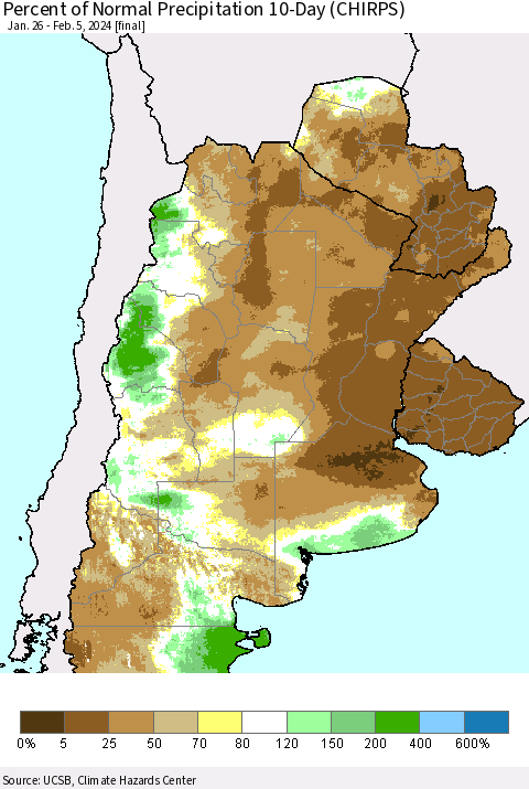 Southern South America Percent of Normal Precipitation 10-Day (CHIRPS) Thematic Map For 1/26/2024 - 2/5/2024